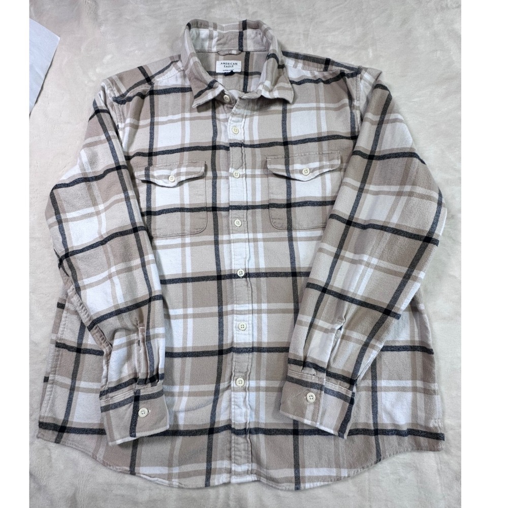 American Eagle Super Soft Flannel Shirt Mens XL Tan White Black Plaid Cotton